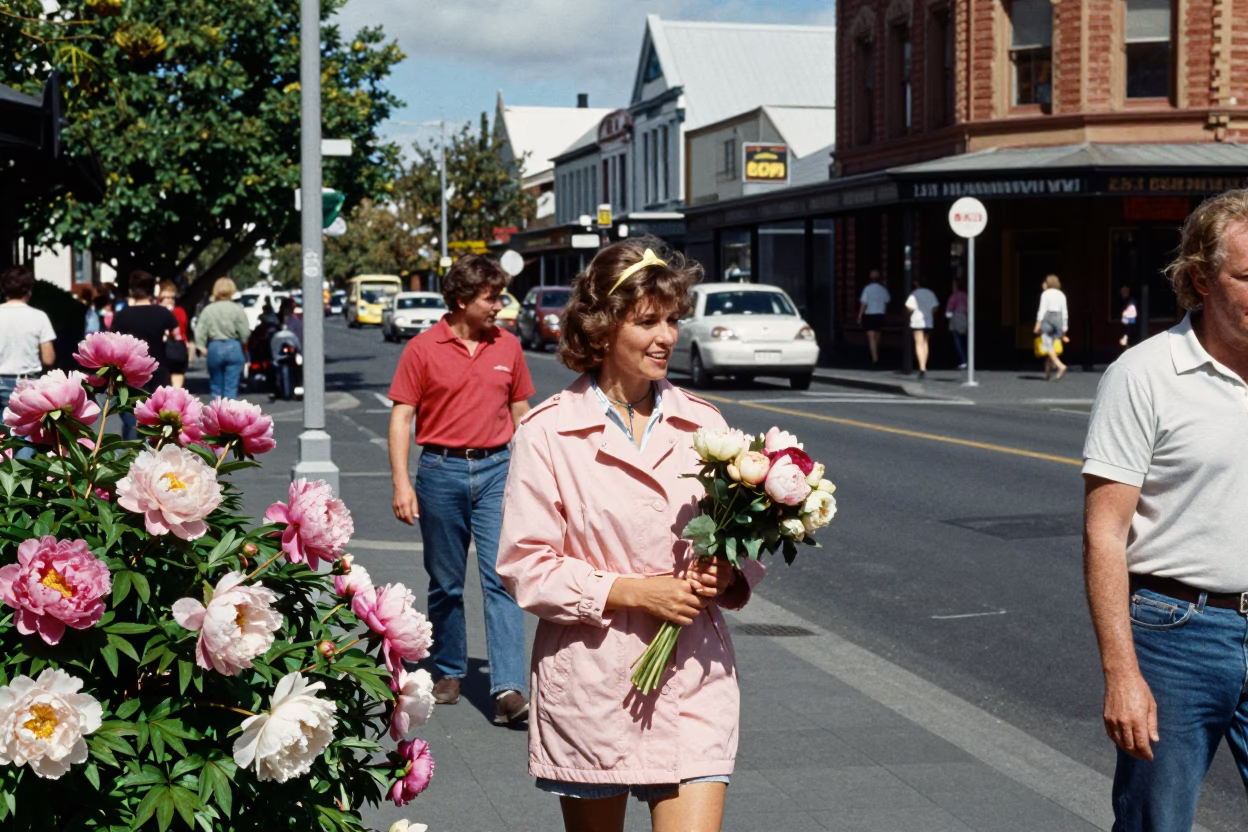Busy Christchurch Street Scene with Peony Bush and Vintage 1990s Atmosphere in in Christchurch, New Zealand