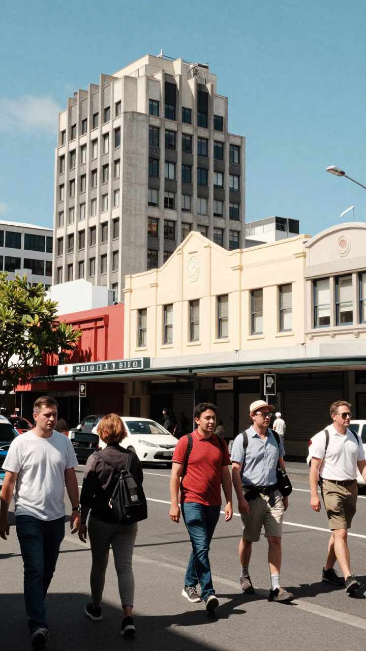 Busy Christchurch Street Scene with Vintage 1960s Architecture and Local Life in in Christchurch, New Zealand