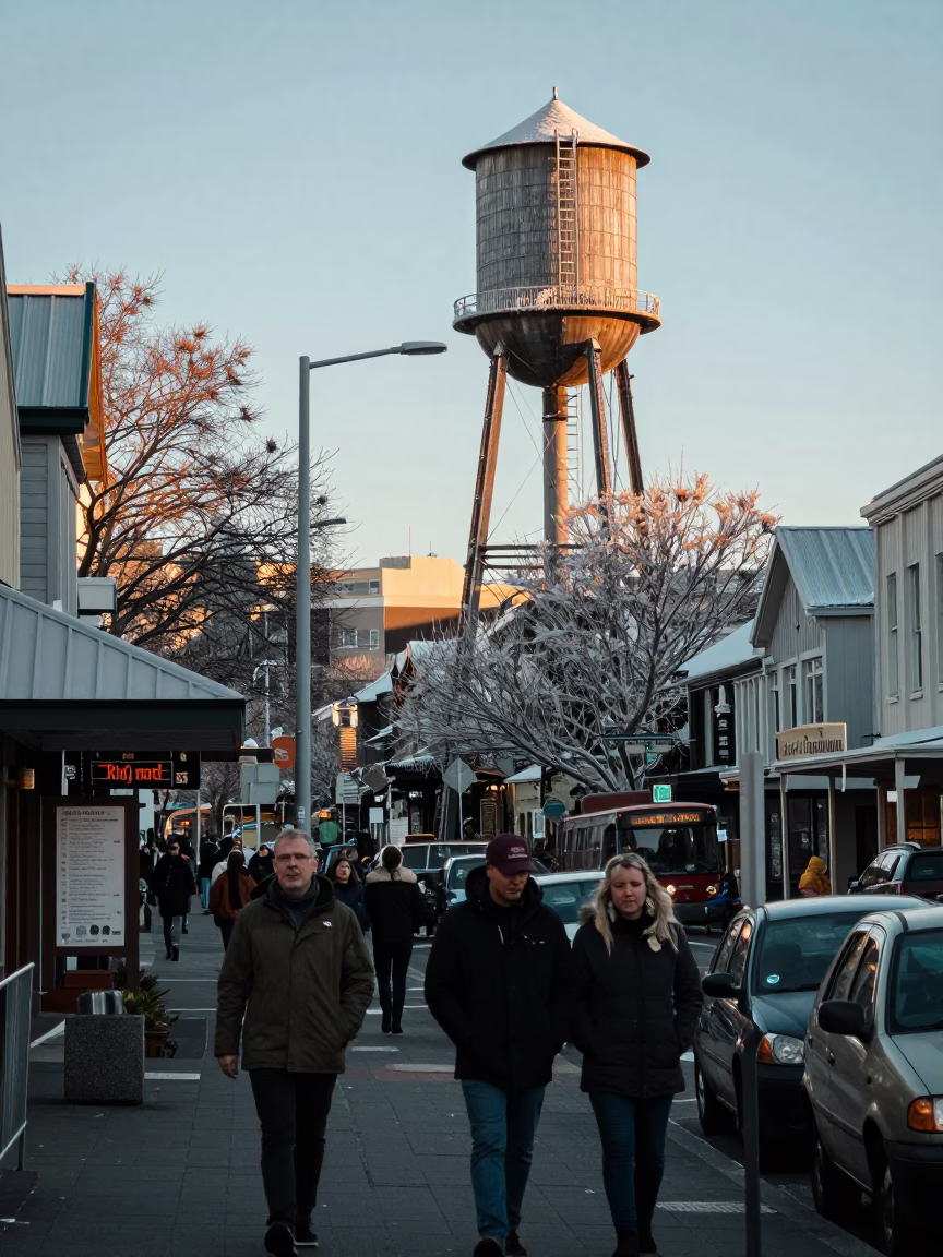 Busy Christchurch Street Scene with Water Tower and Urban Details in Early Afternoon Light in in Christchurch, New Zealand