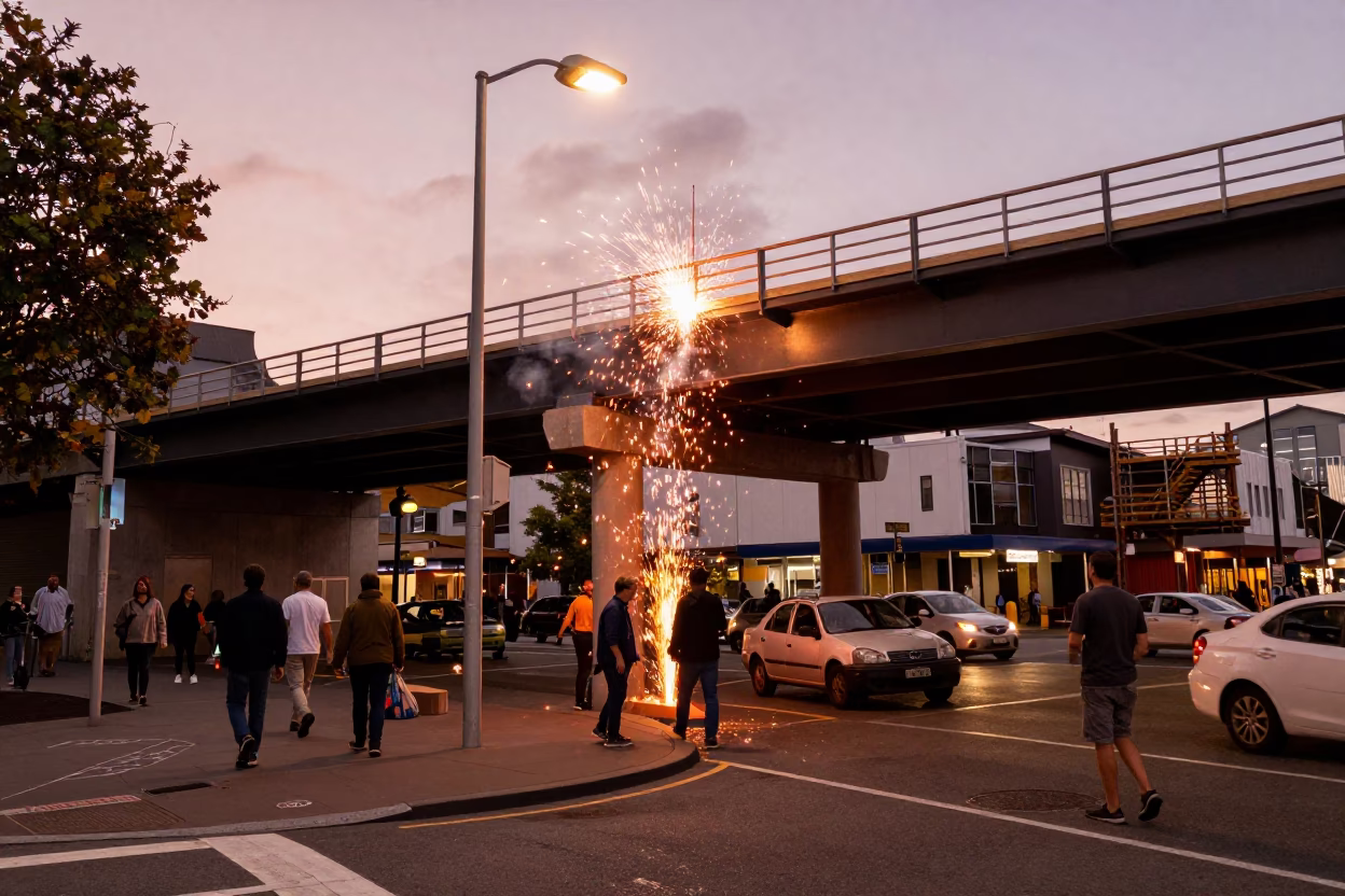 Busy Christchurch Street Scene with Welding Sparks Under Bridge Construction in Copper Dusk Light in in Christchurch, New Zealand