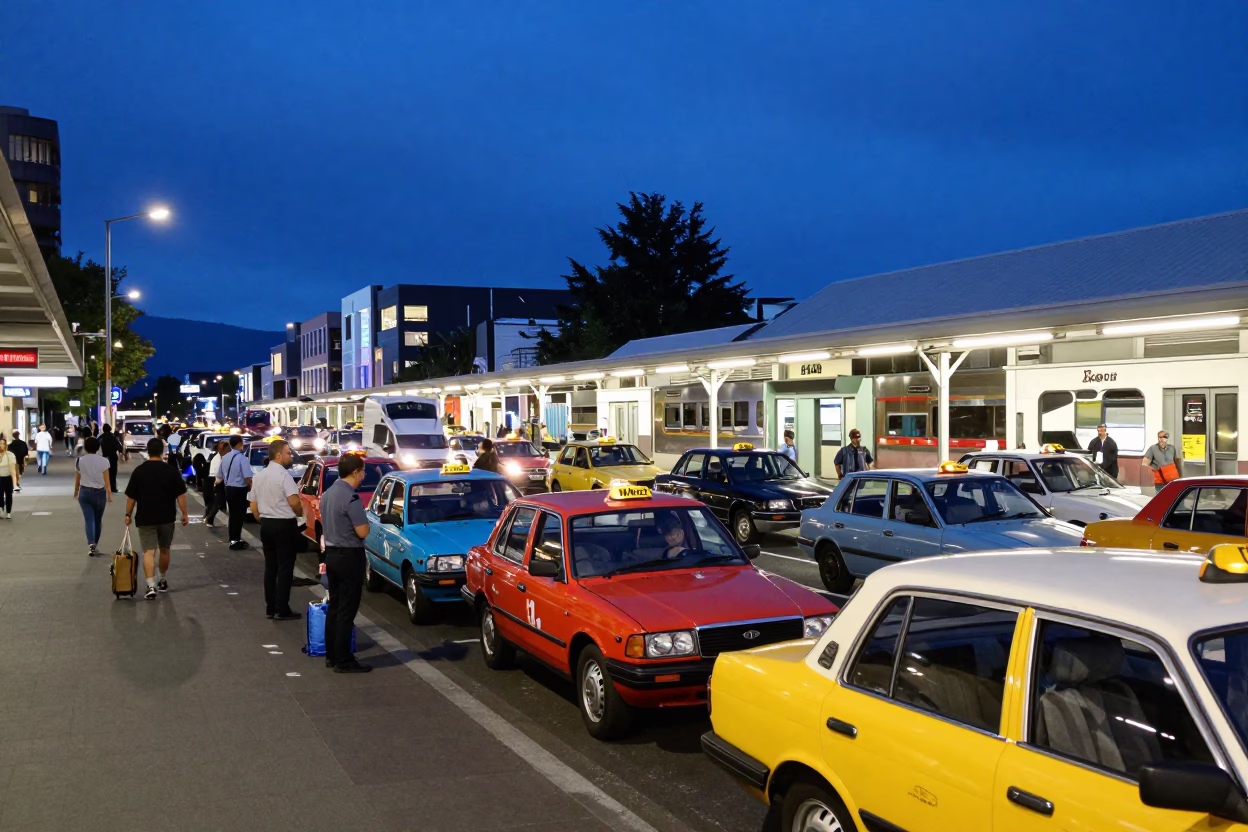 Busy Christchurch Taxi Rank Outside Train Station at Twilight with Colorful 1980s Vehicles in in Christchurch, New Zealand