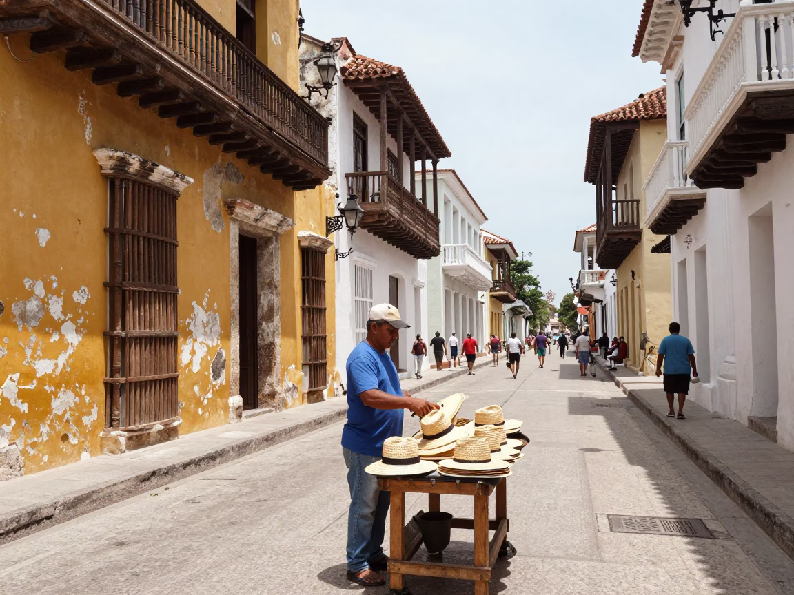 Busy Colonial Street Scene in Cartagena Colombia Noon Light with Local Commerce in in Cartagena, Colombia