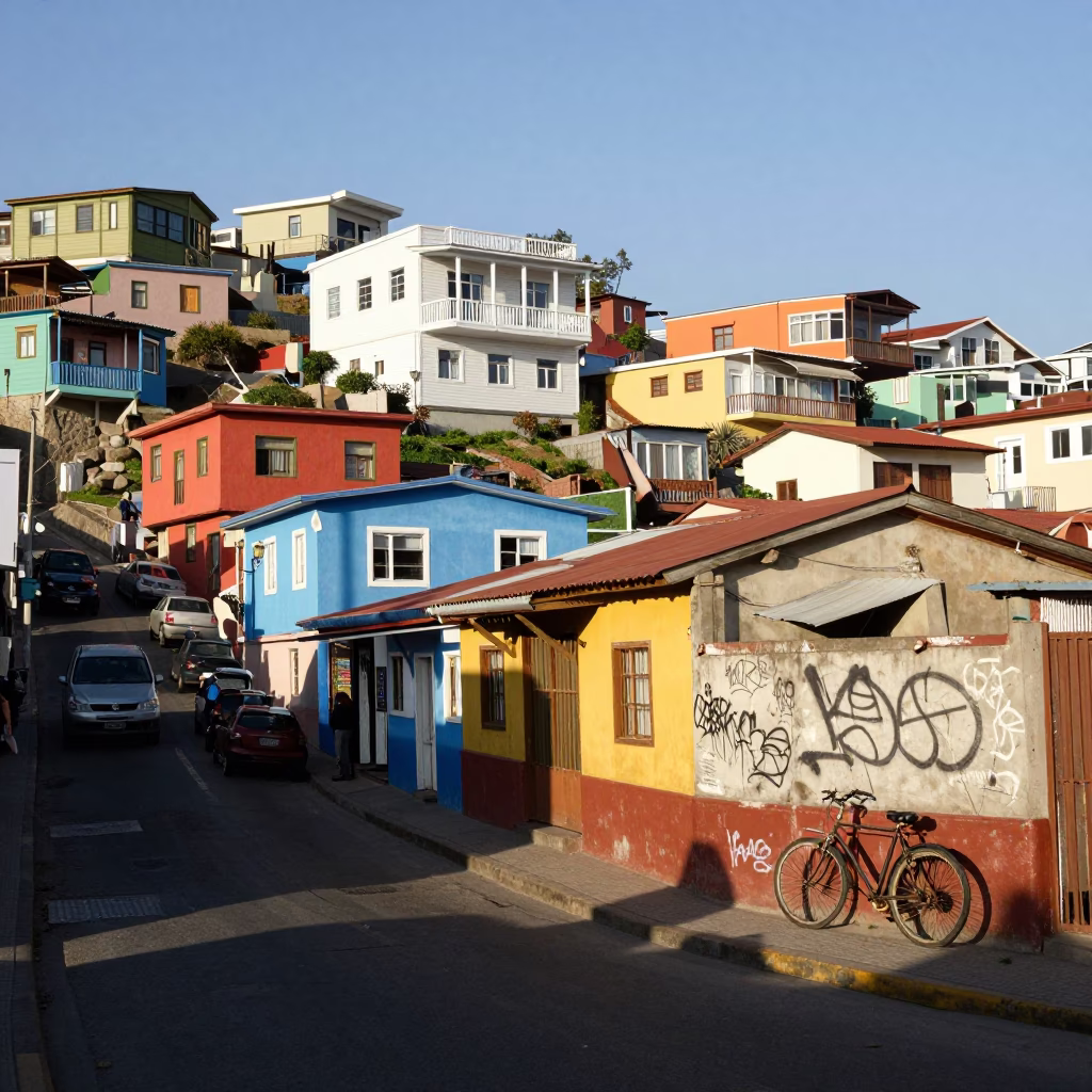 Busy Colorful Street Scene in Valparaiso Chile with Bicycle and Urban Details in in Valparaiso, Chile
