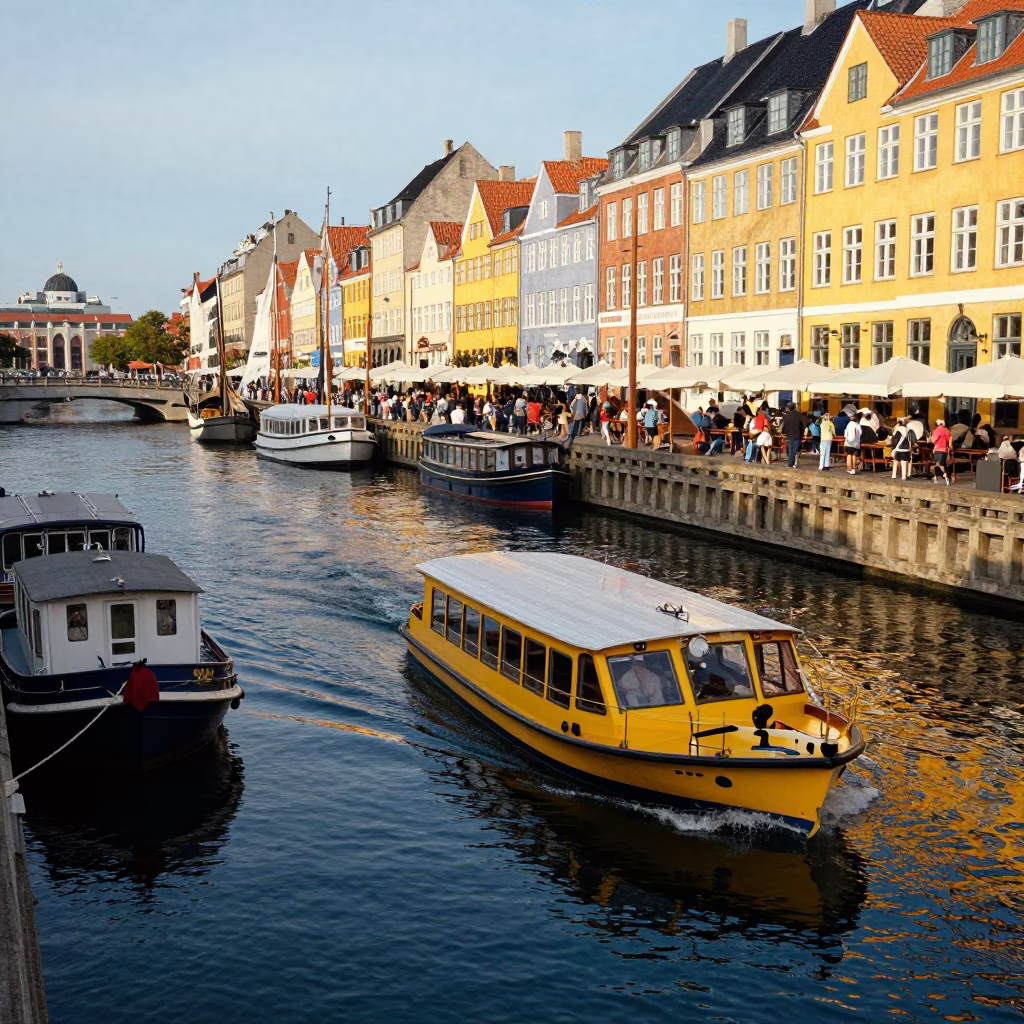 Busy Copenhagen Canal Life with Water Taxi and Houseboats in Early Afternoon in in Copenhagen, Denmark