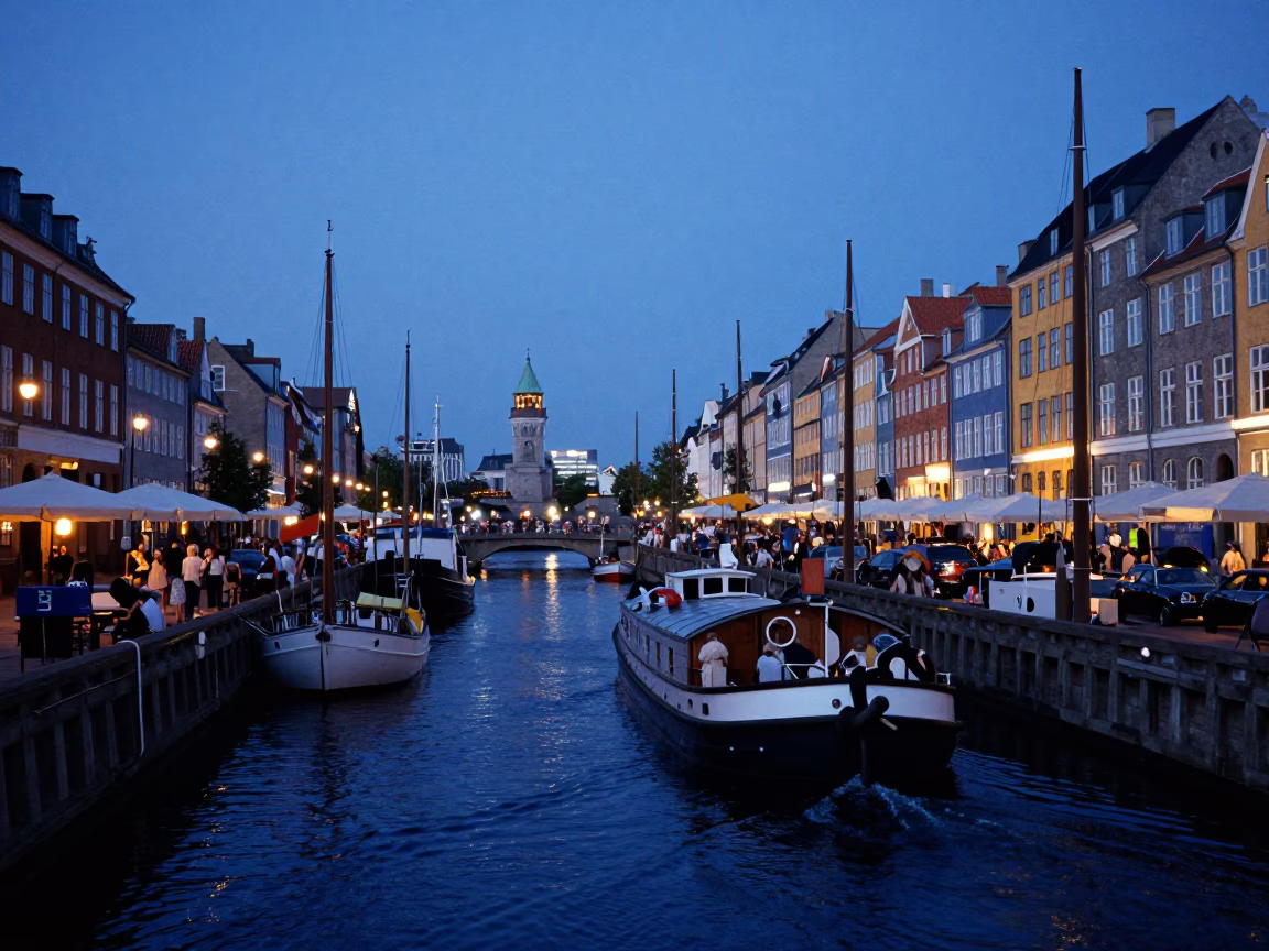 Busy Copenhagen Canal Scene at Blue Hour with Barge and City Lights in in Copenhagen, Denmark