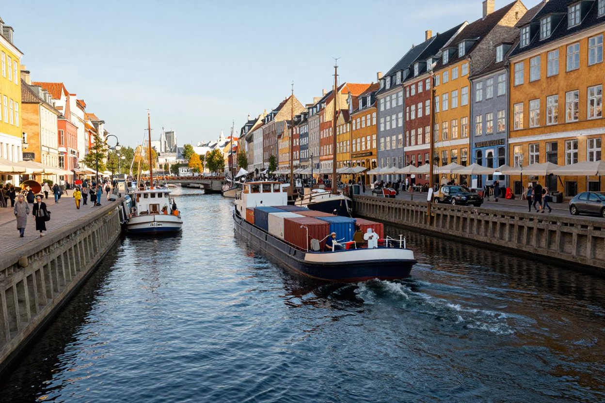 Busy Copenhagen Canal Scene with Cargo Barge and Pedestrians in Early Afternoon in in Copenhagen, Denmark