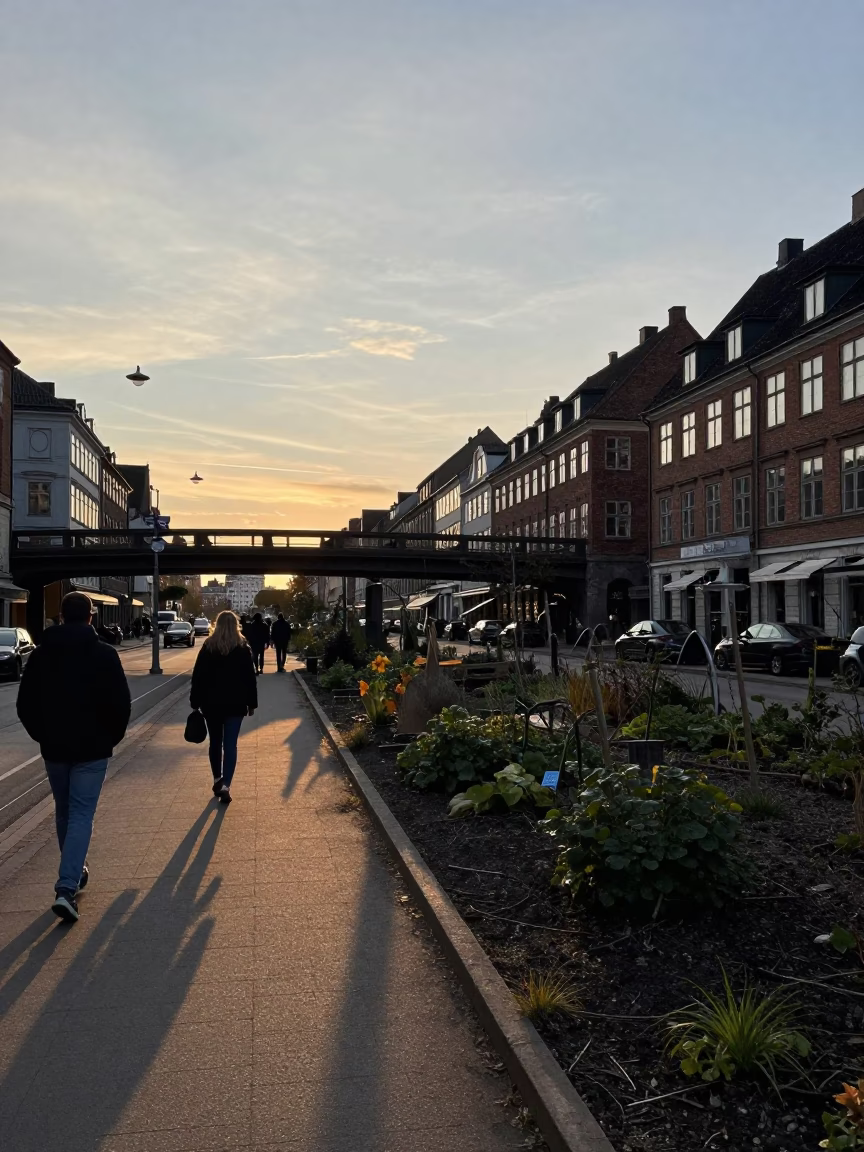 Busy Copenhagen Evening Street Scene with Viaduct Shadow and Allotment Garden Details in in Copenhagen, Denmark