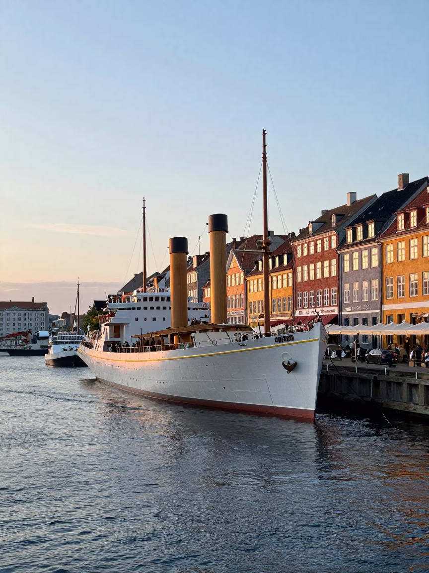 Busy Copenhagen Harbor at Nautical Dawn with Listing Steamship and Local Market Activity in in Copenhagen, Denmark