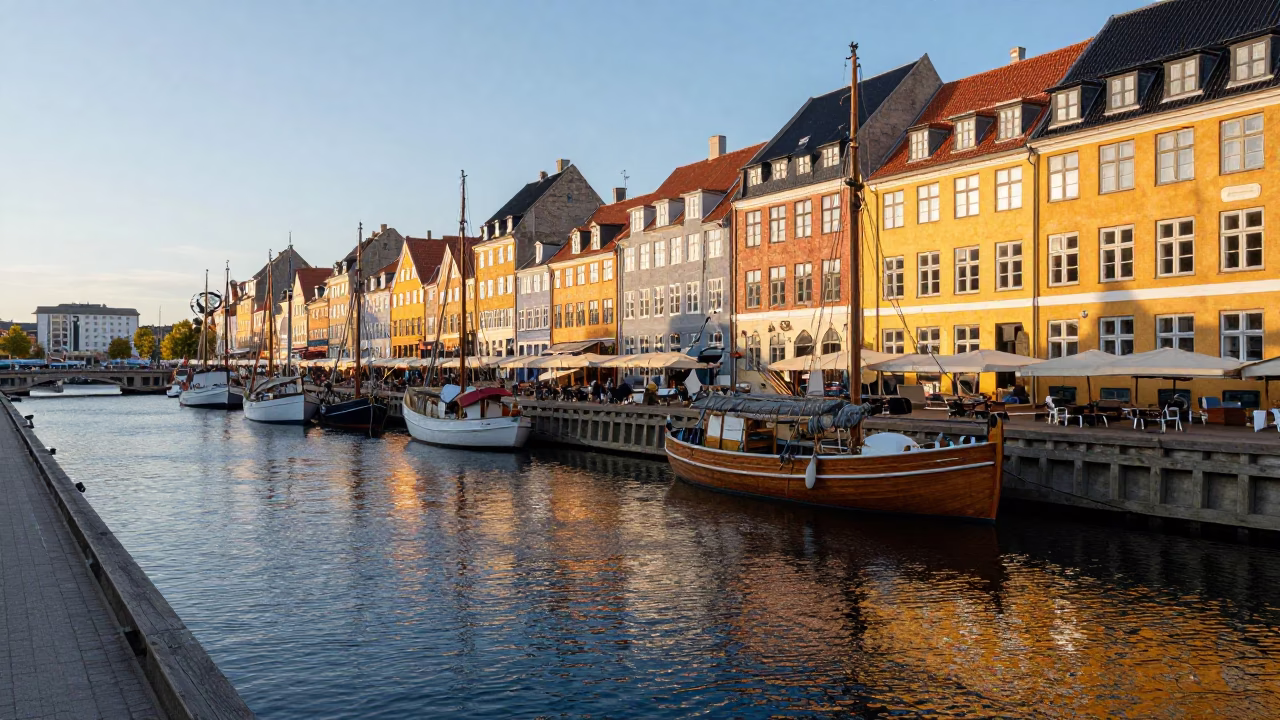 Busy Copenhagen Harbor at Nautical Dawn with Traditional Danish Boats and City Skyline in in Copenhagen, Denmark