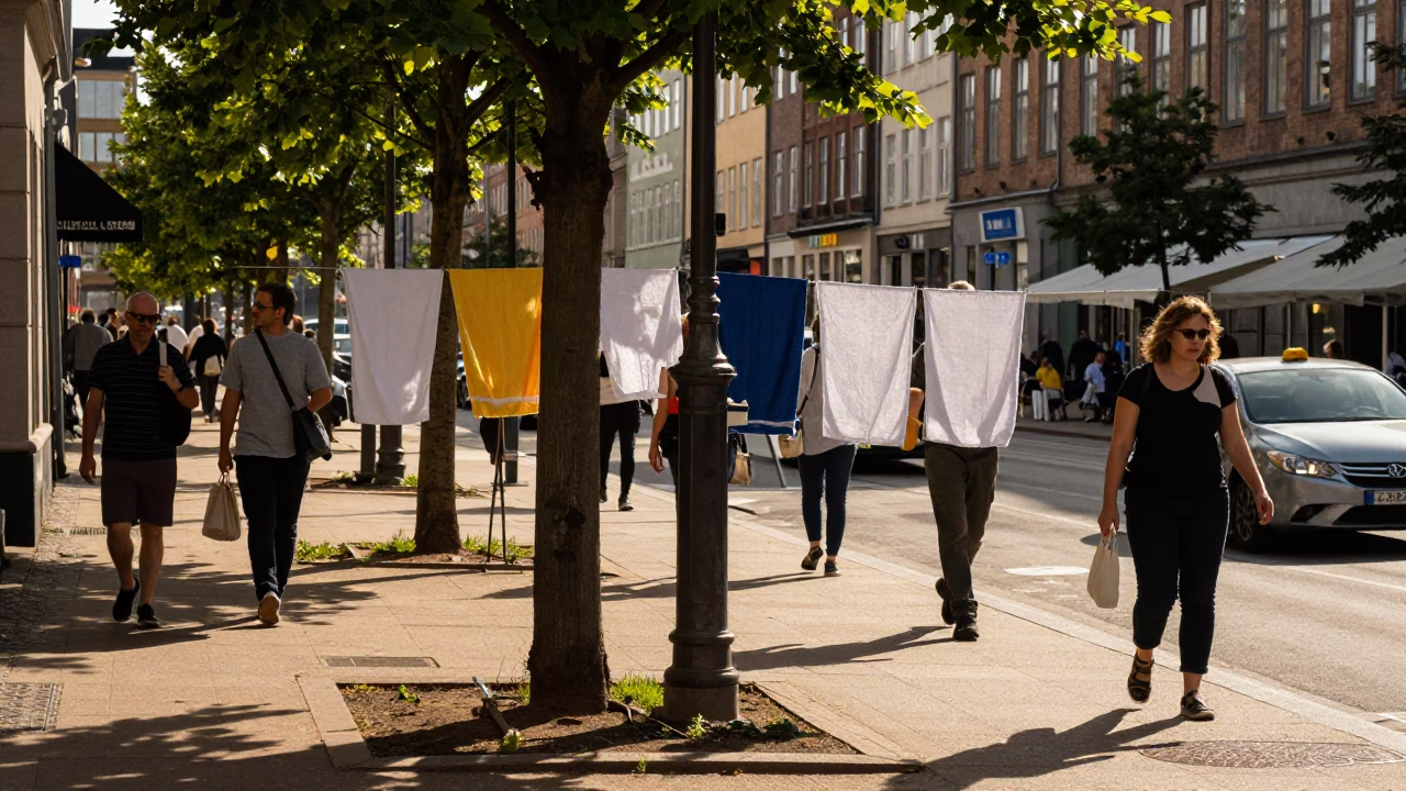 Busy Copenhagen Late Afternoon Street Scene with Drying Towels and Urban Details in in Copenhagen, Denmark