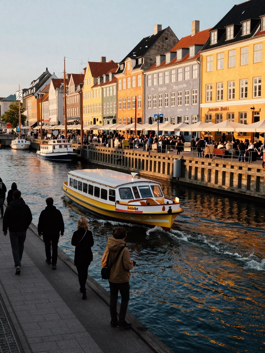 Busy Copenhagen Late Afternoon Street Scene with Water Taxi and Floating Dock in in Copenhagen, Denmark