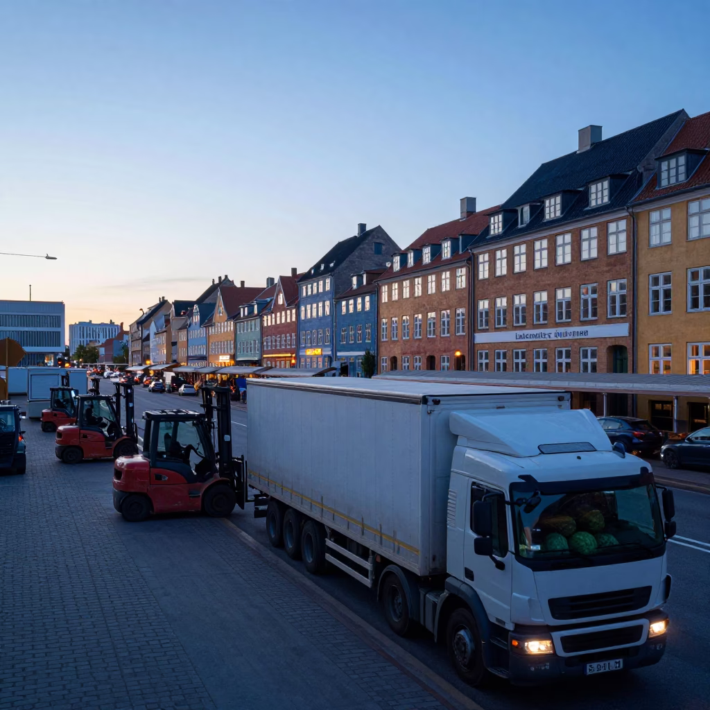 Busy Copenhagen Loading Dock at Dawn with Forklifts and Watermelon Truck in in Copenhagen, Denmark