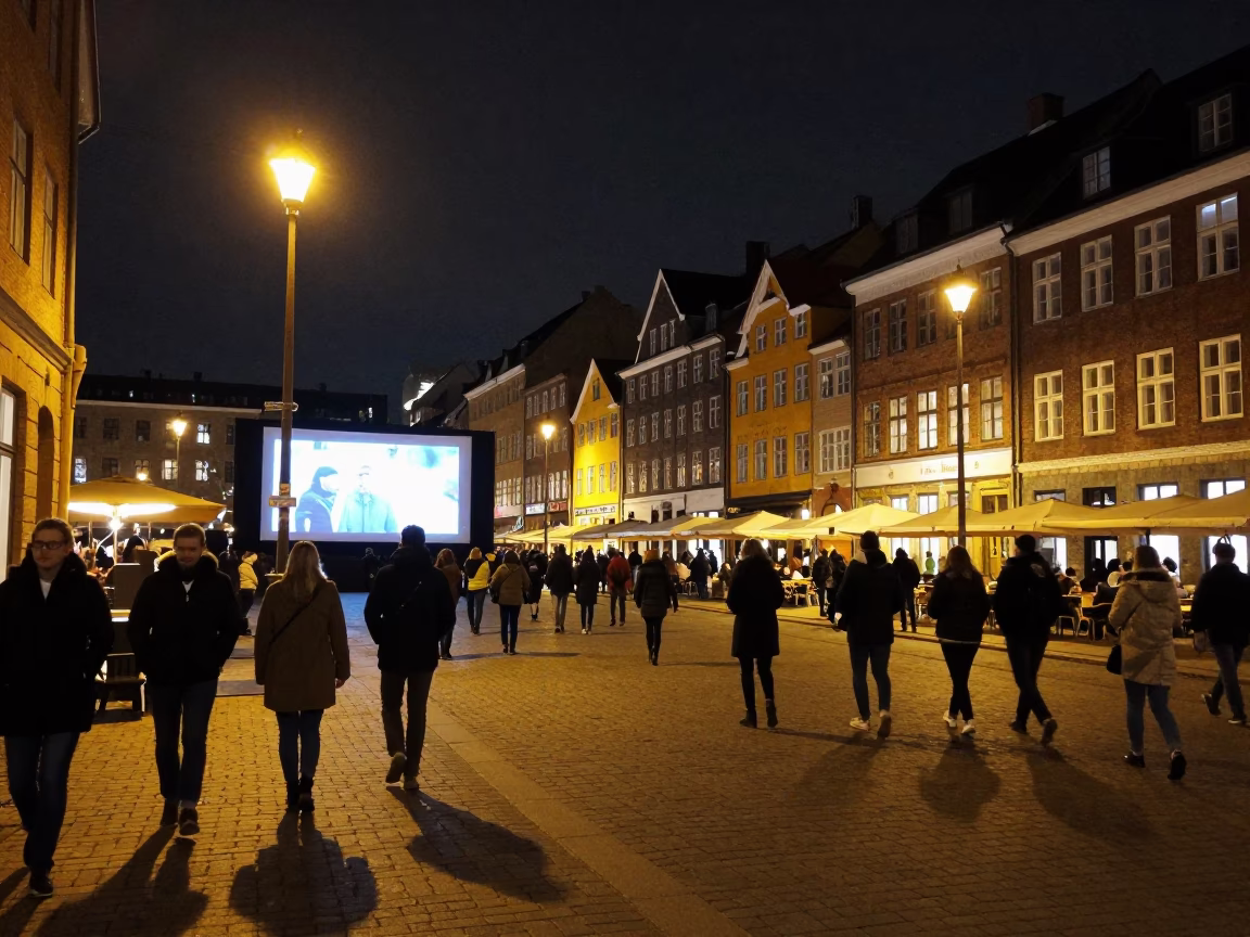 Busy Copenhagen Night Street Scene with Outdoor Cinema and Vintage Details in in Copenhagen, Denmark