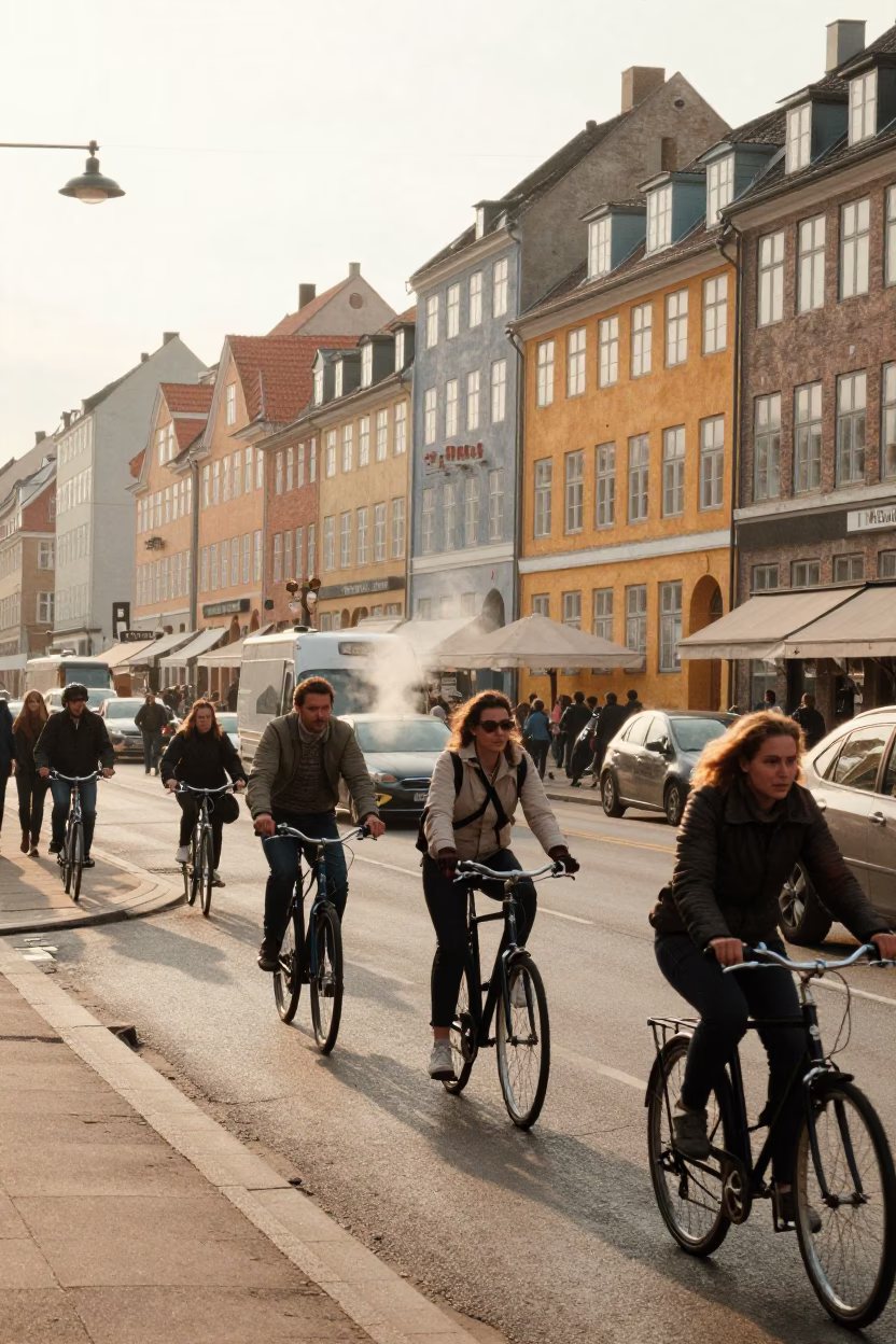 Busy Copenhagen Street Corner Early Morning Commuters and Local Life in in Copenhagen, Denmark