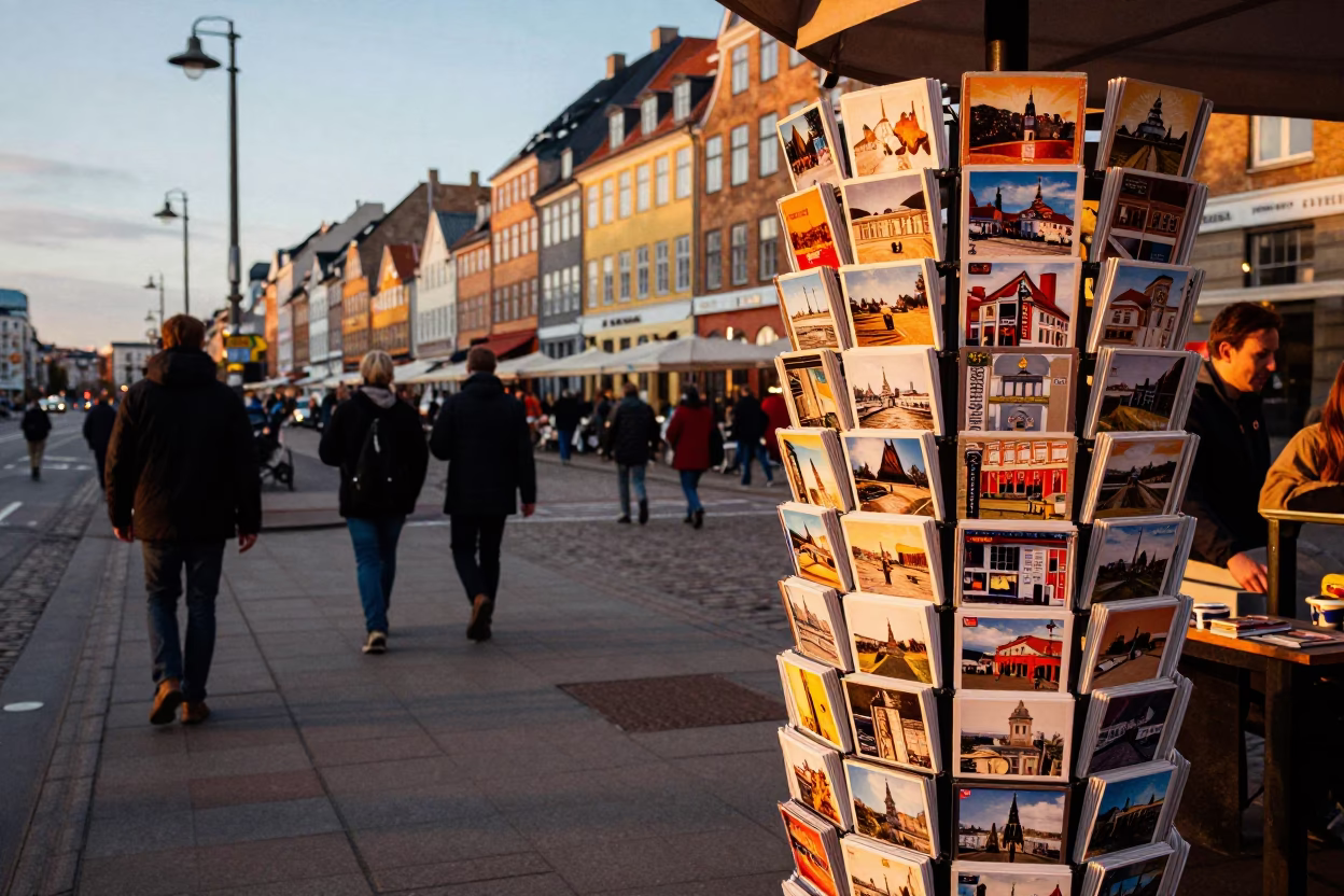 Busy Copenhagen Street Corner Evening Light with Postcards and Vespa Reflection in in Copenhagen, Denmark