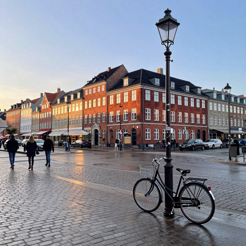 Busy Copenhagen Street Corner in Early Morning Light with Vintage 1970s Atmosphere in in Copenhagen, Denmark