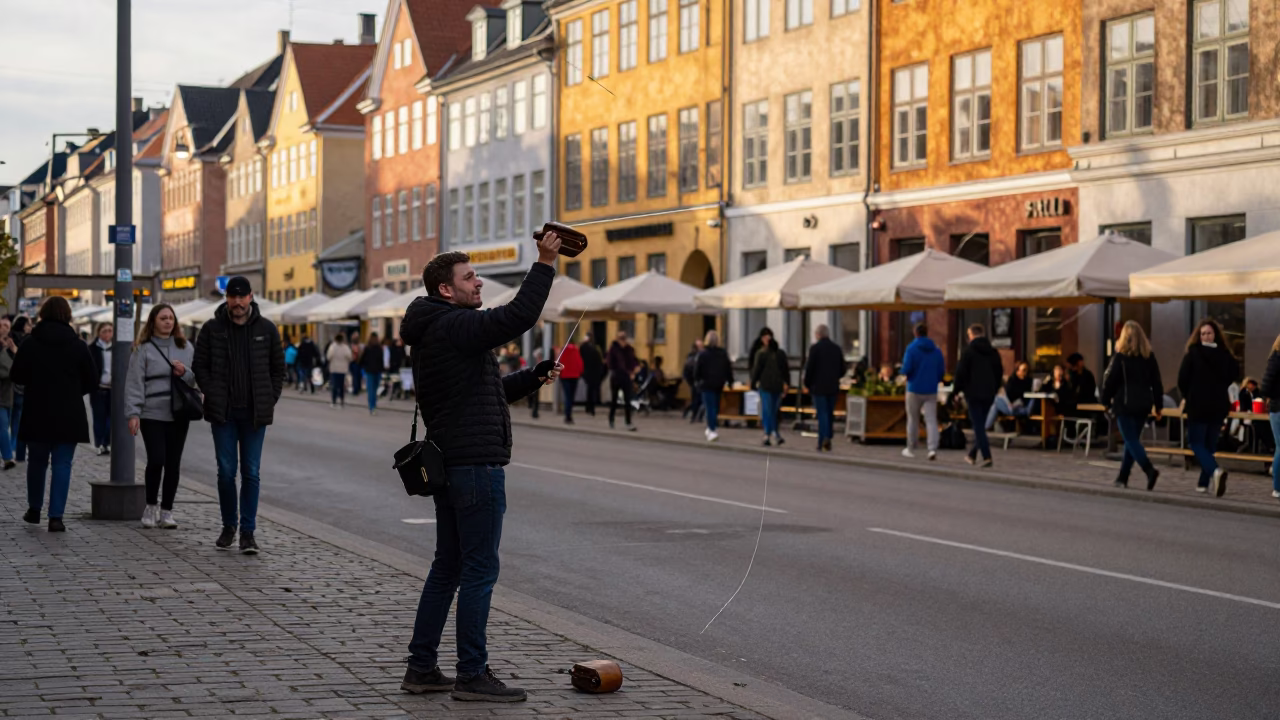 Busy Copenhagen Street Corner Late Afternoon with Kite Reel and Sugar Bowl in in Copenhagen, Denmark