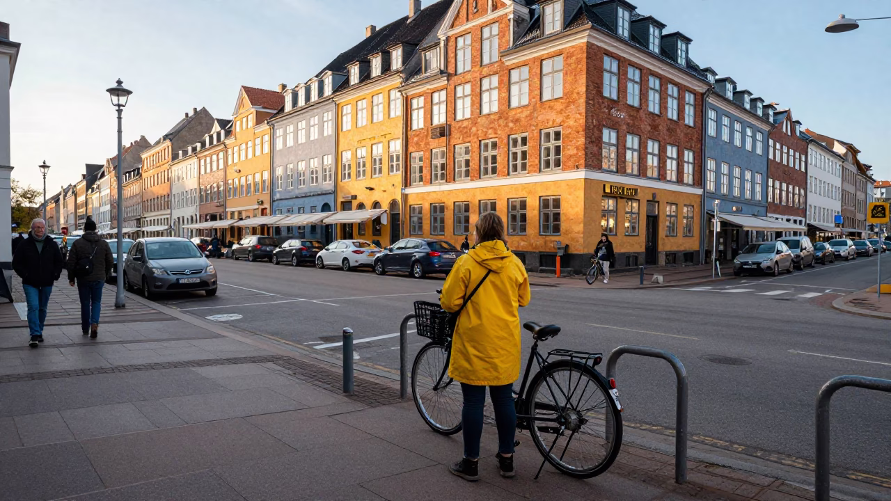 Busy Copenhagen Street Corner Late Morning Life and Daily Objects in in Copenhagen, Denmark