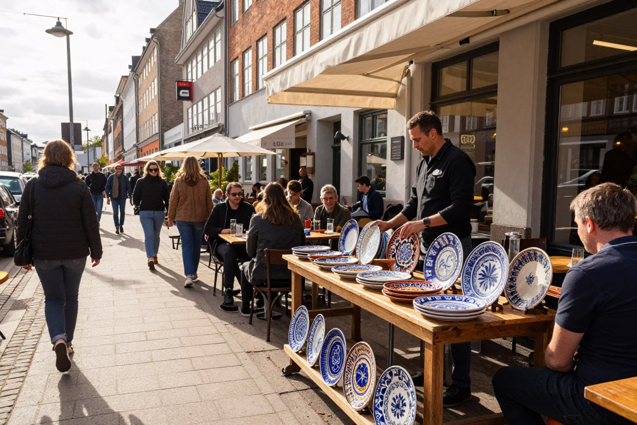 Busy Copenhagen Street Corner Late Morning with Majolica Plates and Wooden Spoon in in Copenhagen, Denmark