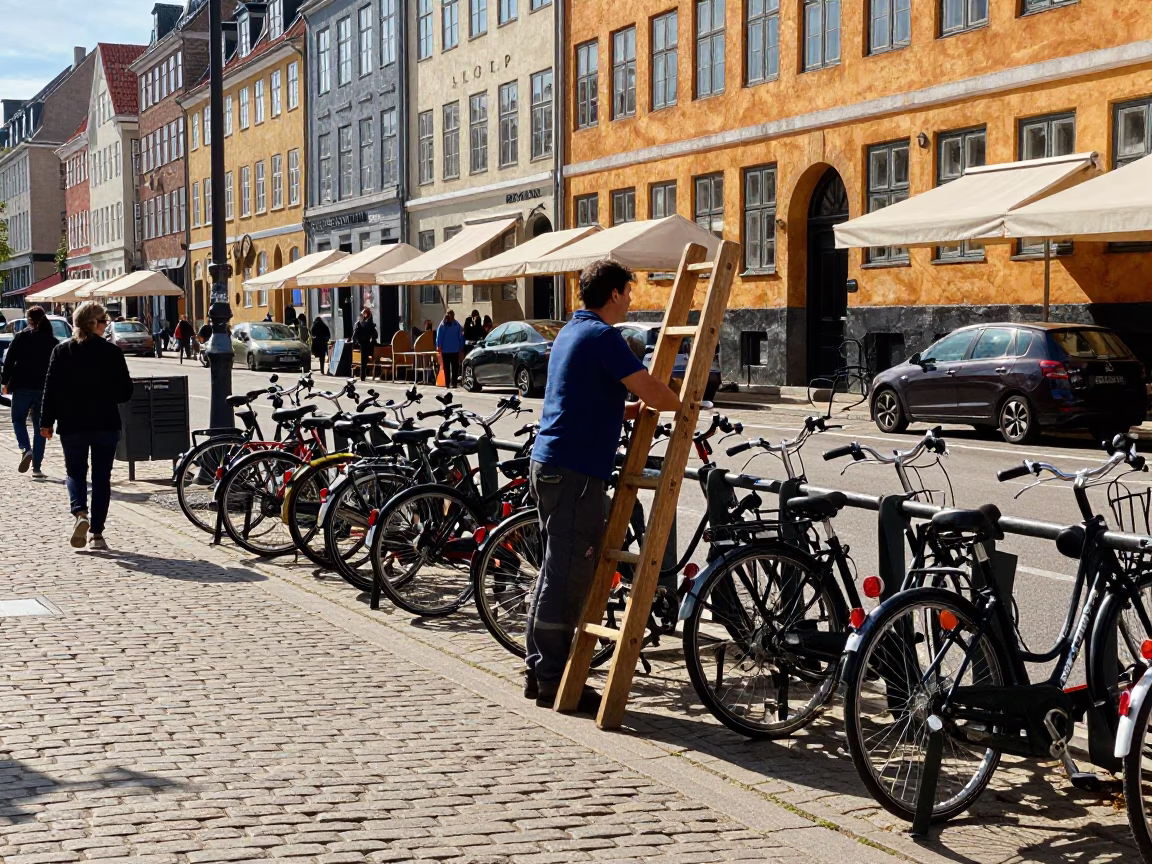 Busy Copenhagen Street Corner Midday Scene with Wooden Ladder and Urban Details in in Copenhagen, Denmark