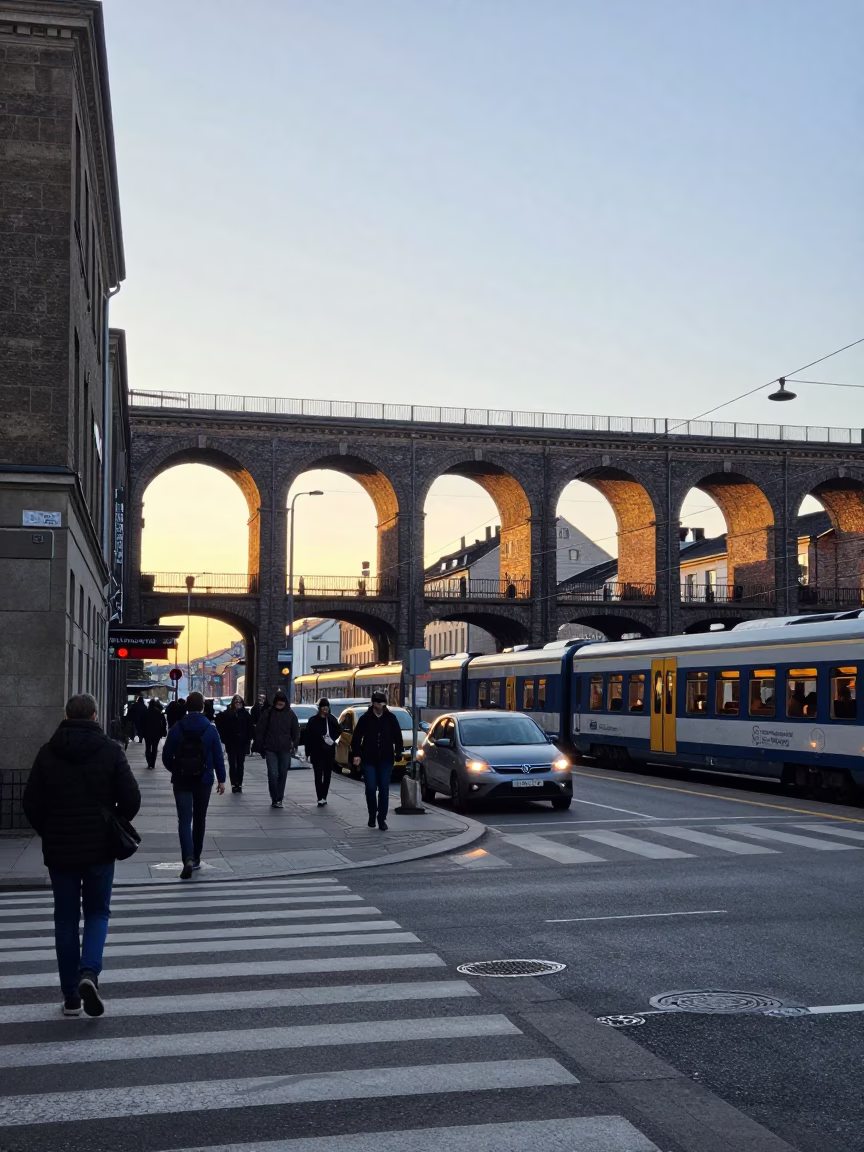 Busy Copenhagen Street Corner Near Railway Viaduct with Train and Morning Commuters in in Copenhagen, Denmark