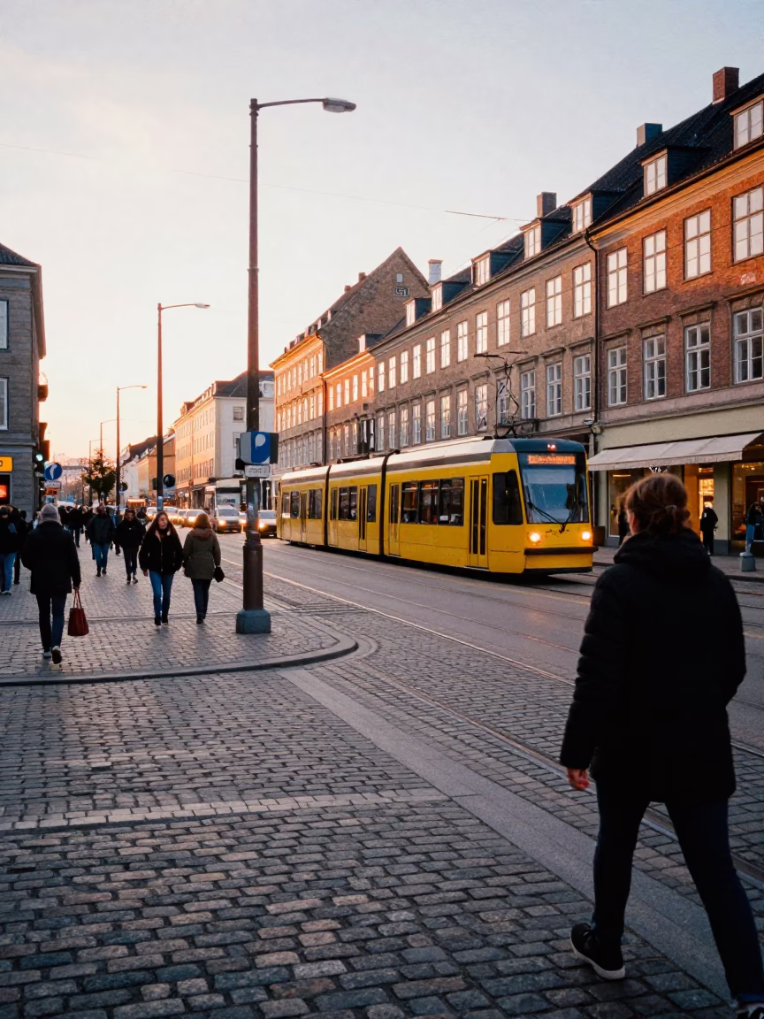 Busy Copenhagen street corner near Tivoli Gardens with tram and pedestrians at sunrise in in Copenhagen, Denmark