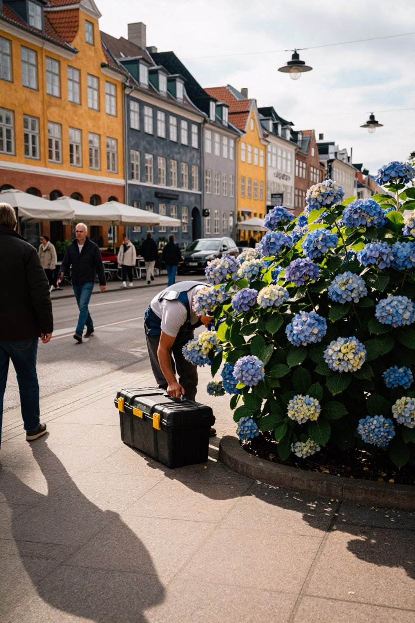 Busy Copenhagen Street Corner with Toolbox and Hydrangea Bush in Early Afternoon in in Copenhagen, Denmark