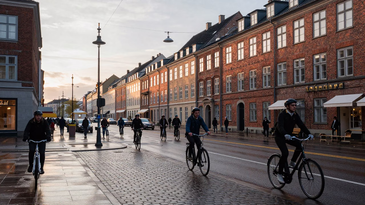 Busy Copenhagen Street Scene After Sunrise with Danish Cyclists and Historic Architecture in in Copenhagen, Denmark
