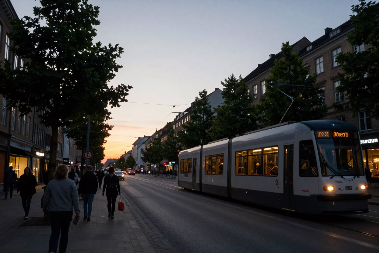 Busy Copenhagen Street Scene at Dusk with Tramcar and Harbor Drizzle in in Copenhagen, Denmark