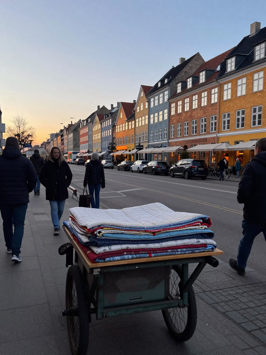 Busy Copenhagen Street Scene at First Light Dawn with Quilt and Urban Details in in Copenhagen, Denmark