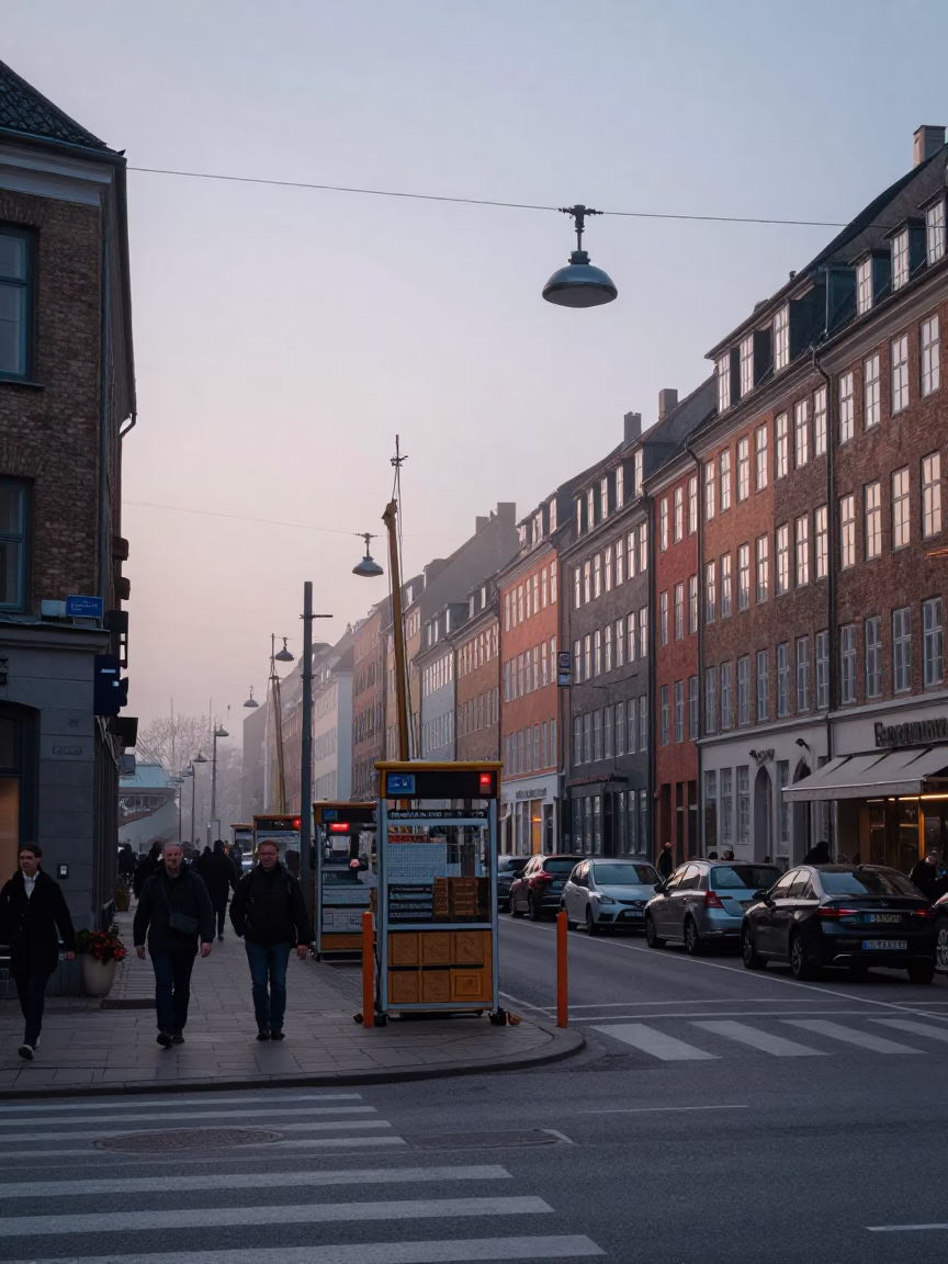 Busy Copenhagen Street Scene at Nautical Dawn with Construction Elevator and Pedestrians in in Copenhagen, Denmark