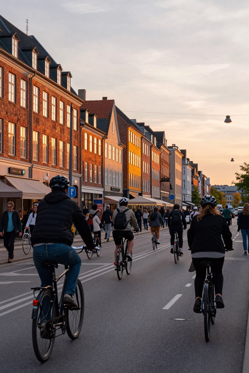 Busy Copenhagen Street Scene at Sunset with Cyclists and Traditional Brick Architecture in in Copenhagen, Denmark
