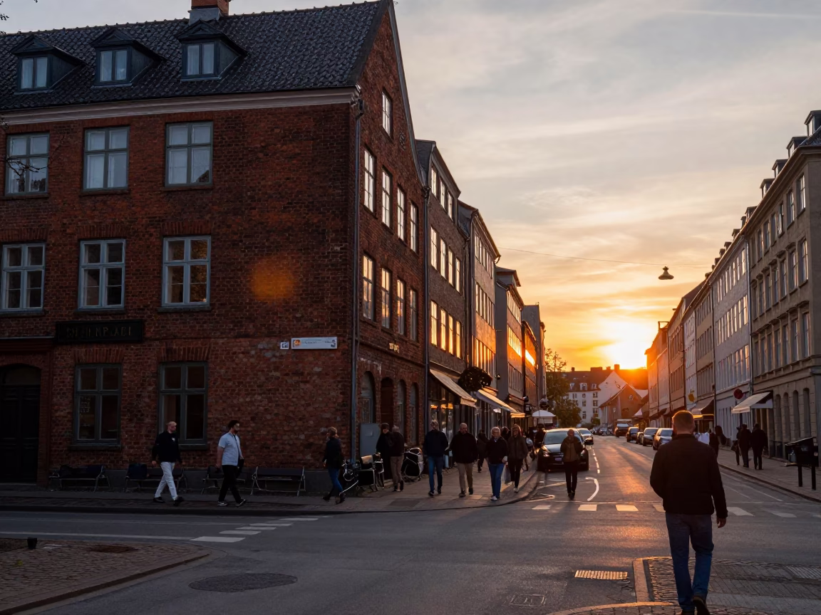 Busy Copenhagen Street Scene at Sunset with Local Life and Architecture in in Copenhagen, Denmark