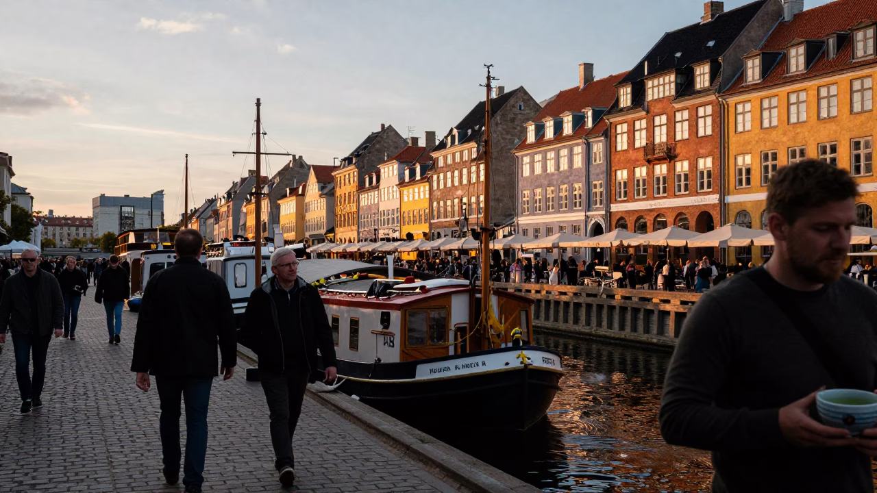 Busy Copenhagen Street Scene at Sunset with Narrowboat and Yellow Taxi in in Copenhagen, Denmark