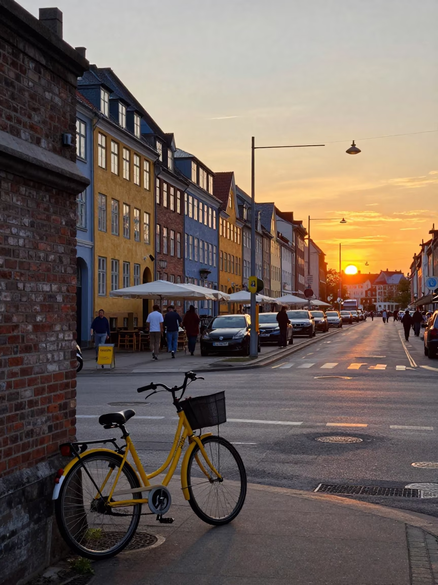 Busy Copenhagen Street Scene at Sunset with Yellow Bicycle and Historic Architecture in in Copenhagen, Denmark