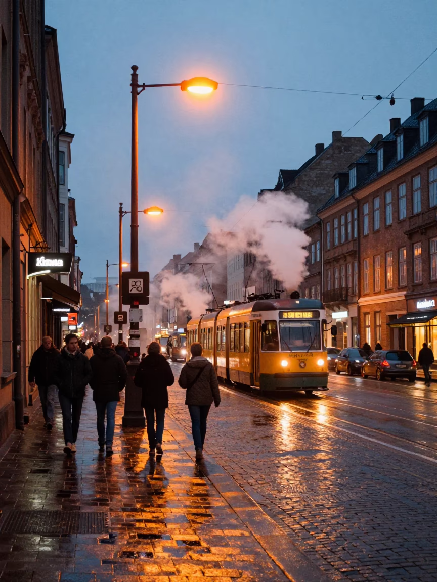 Busy Copenhagen Street Scene Before Dawn with Steam and Neon Reflections in in Copenhagen, Denmark