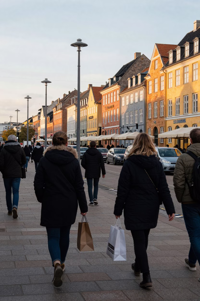 Busy Copenhagen Street Scene Late Afternoon with Pedestrians and Red Brick Architecture in in Copenhagen, Denmark