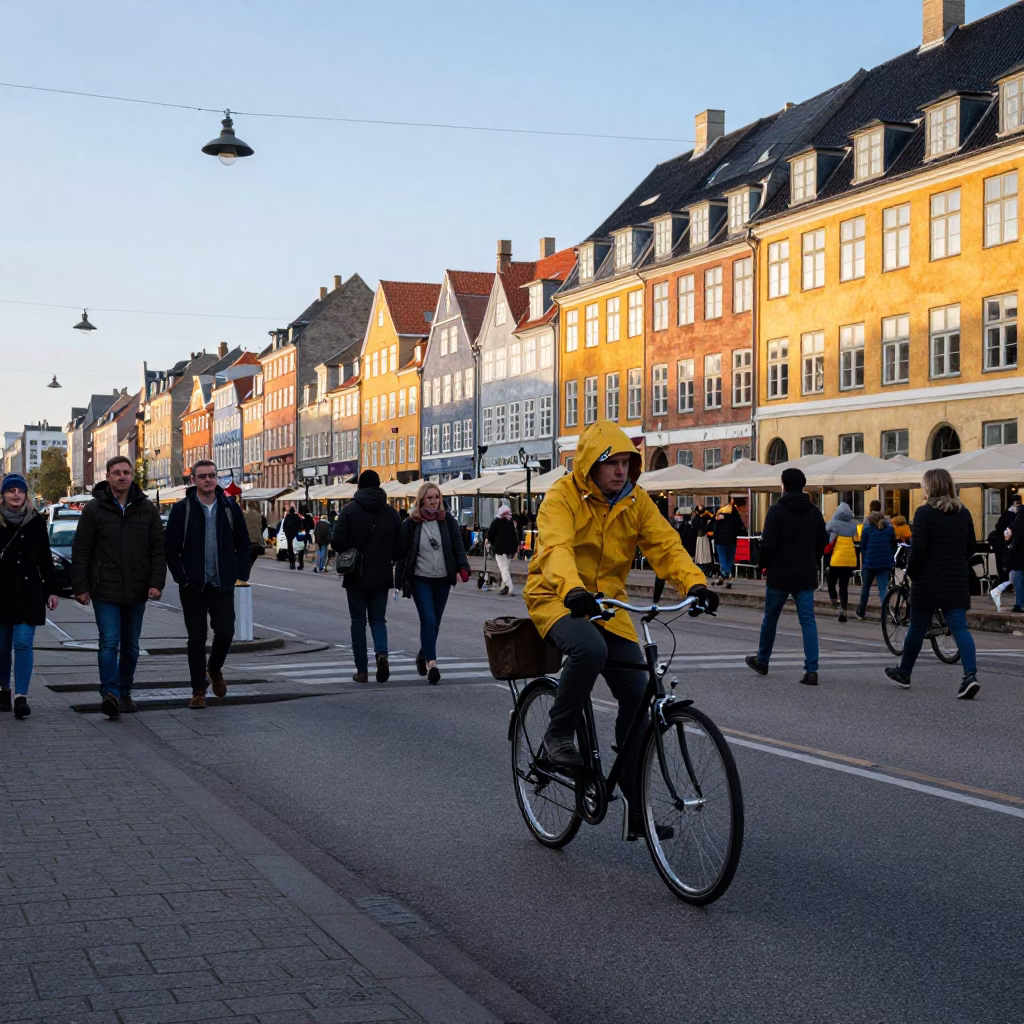 Busy Copenhagen Street Scene Late Morning with Cyclists and Canal in in Copenhagen, Denmark