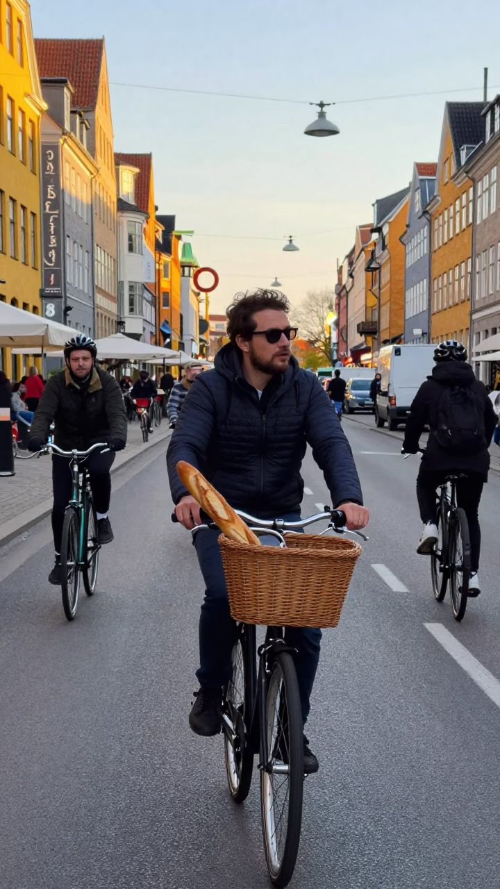 Busy Copenhagen Street Scene Late Morning with Cyclists and Traditional Red Brick Architecture in in Copenhagen, Denmark