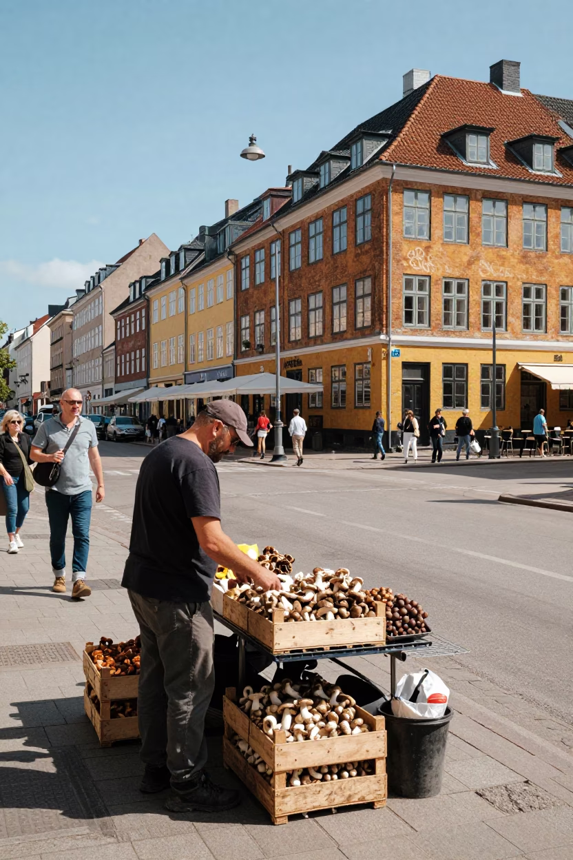 Busy Copenhagen Street Scene Under Noon Sun with Metal Bucket and Local Market Activity in in Copenhagen, Denmark