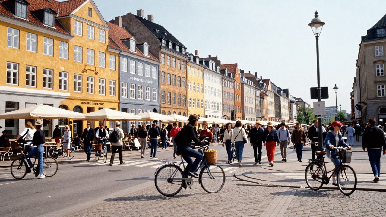 Busy Copenhagen Street Scene with Bicycle and Book Light at Noon in in Copenhagen, Denmark