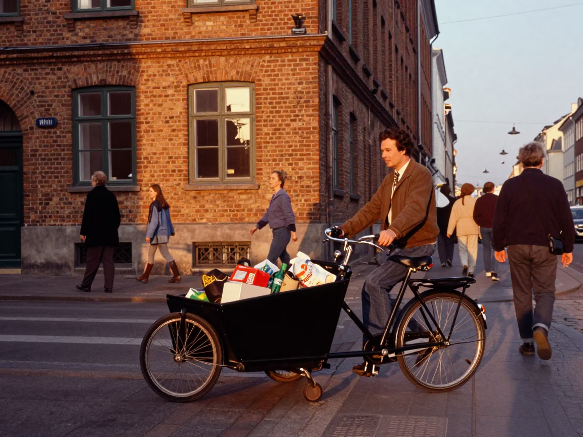 Busy Copenhagen Street Scene with Cargo Bicycle and Evening Light in Denmark in in Copenhagen, Denmark