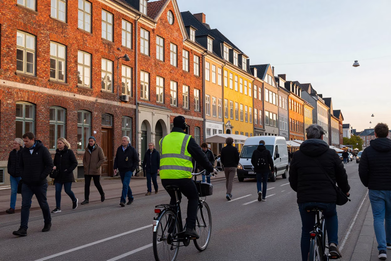 Busy Copenhagen Street Scene with Red Brick Architecture and Morning Commuters at First Light in in Copenhagen, Denmark