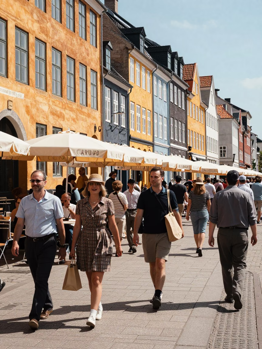 Busy Copenhagen Street Scene with Umbrellas and Vintage 1950s Atmosphere in in Copenhagen, Denmark