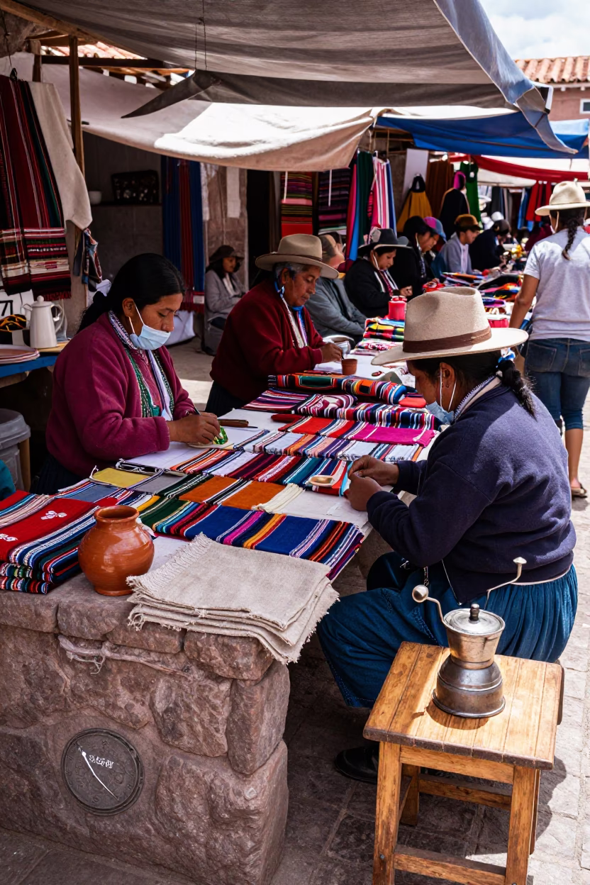 Busy Cusco Market Stall Midday Light with Linen Napkin and Coffee Grinder in Peru in in Cusco, Peru