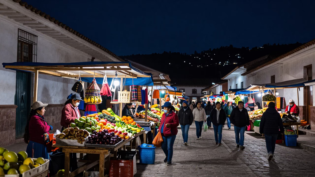 Busy Cusco Market Stall Under Deep Night Sky With Local Vendors Selling Traditional Foods in in Cusco, Peru