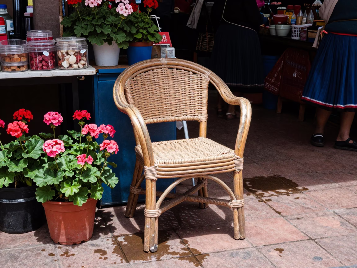 Busy Cusco Market Stall with Rattan Chair and Geraniums Under Midday Sun in in Cusco, Peru