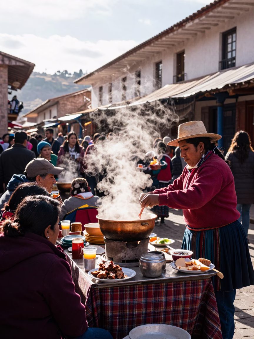 Busy Cusco Market Stall with Steaming Andean Hotpot and Local Street Life in in Cusco, Peru