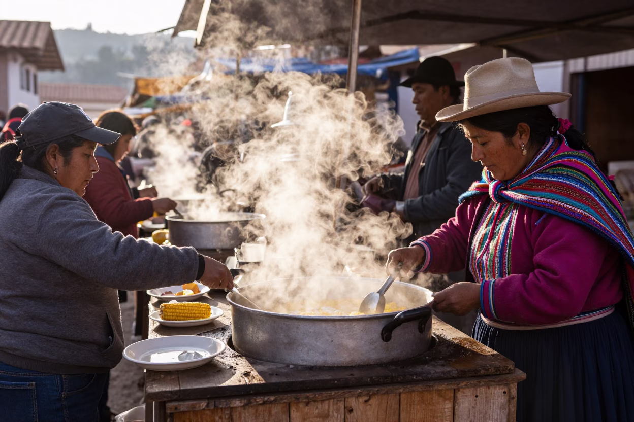 Busy Cusco Morning Market Stall with Steaming Andean Breakfast and Local Commerce in in Cusco, Peru