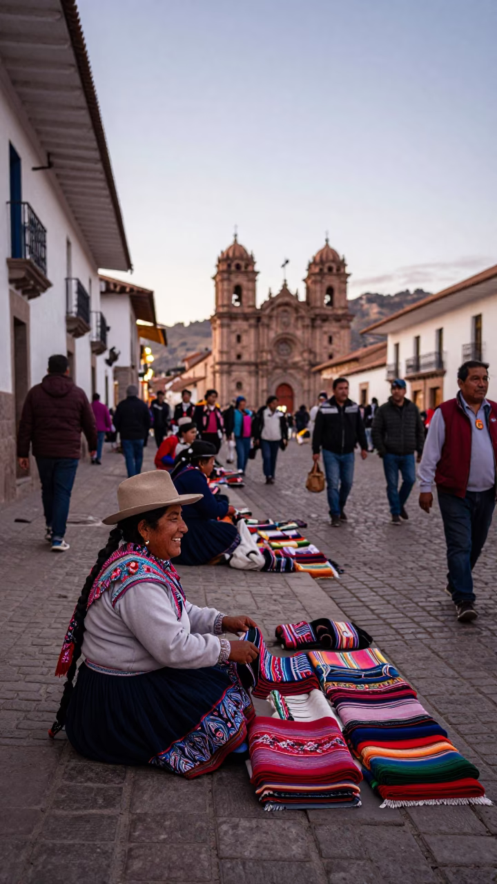 Busy Cusco Peru Early Evening Street Scene with Local Vendor and Tourists in in Cusco, Peru